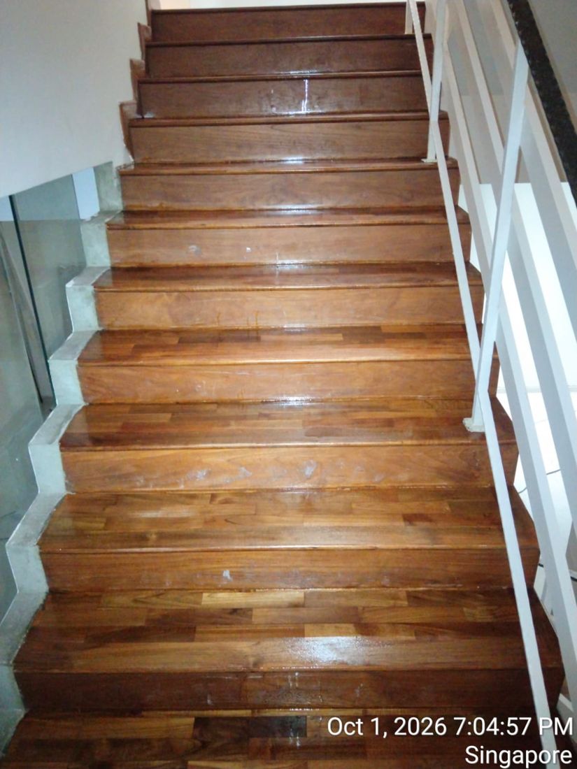 Timber staircase after polishing and varnish, seen from the top